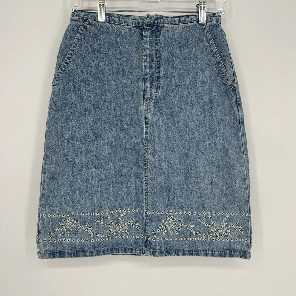 Gloria Vanderbilt Denim Skirt Eyelet Floral Embroidery Boho‎ Cottagecore Size 6